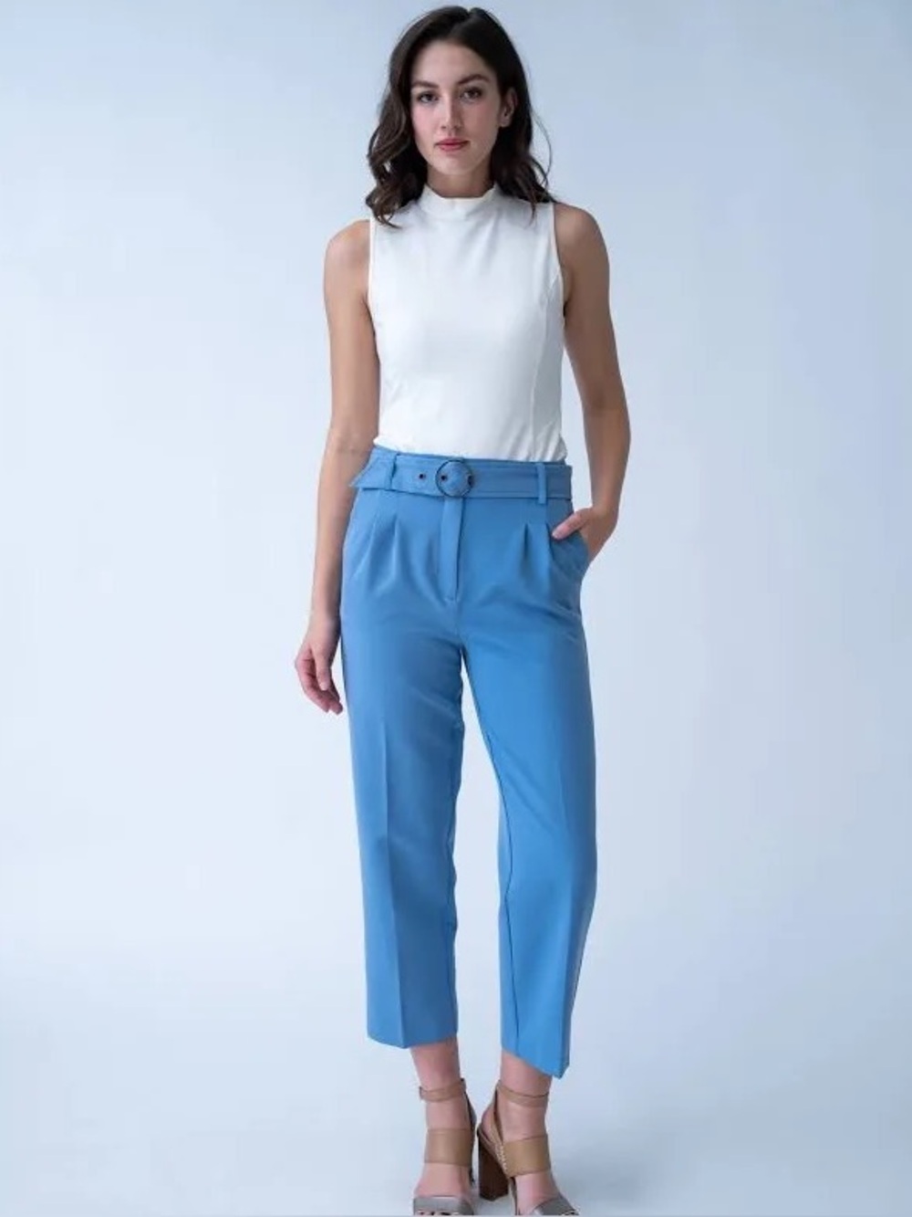 Adrienne Landau High-Waist Pleated Trousers with Belt - Blue